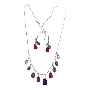 MWS Sterling Silver Faceted Ruby Amethyst Teardrop Gemstone Necklace Earring Set